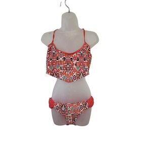 Profile Blush Gottex Bikini Set L Coral Boho Ikat Print Crop Tank Ruched Bottoms